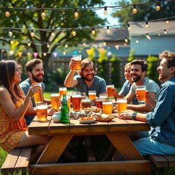 A vibrant scene of a group of friends laughing and enjoying themselves while drinking beer at a lively outdoor party
