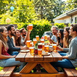 A vibrant scene of a group of friends laughing and enjoying themselves while drinking beer at a lively outdoor party