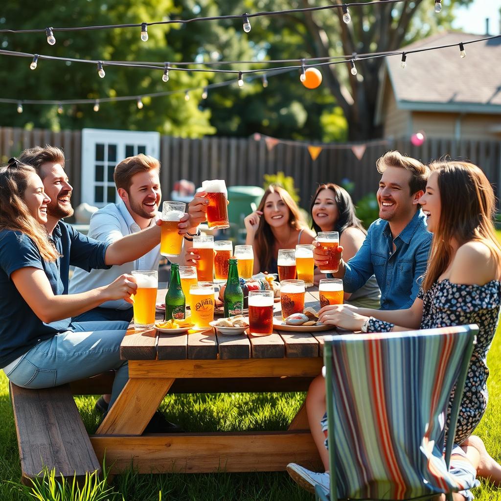 A vibrant scene of a group of friends laughing and enjoying themselves while drinking beer at a lively outdoor party
