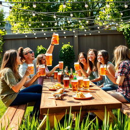 A vibrant scene of a group of friends laughing and enjoying themselves while drinking beer at a lively outdoor party