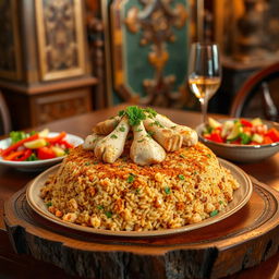 A beautifully crafted traditional Egyptian dish, miskeen tabbak, served elegantly on a rustic wooden table