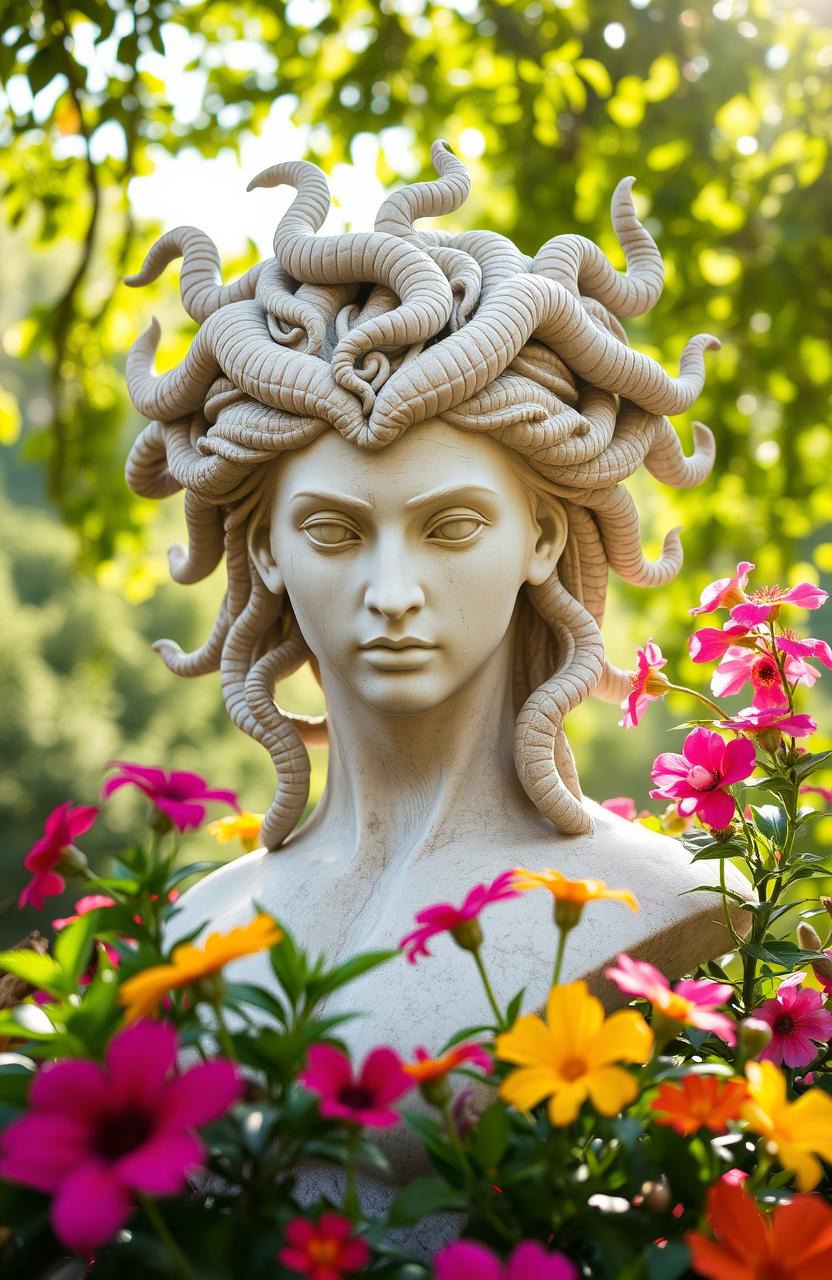 A stunning Medusa statue showcasing strong and intricate features, with flowing hair made of serpents