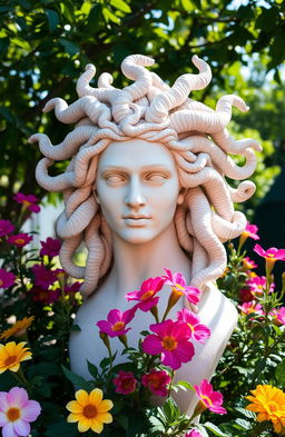A stunning Medusa statue showcasing strong and intricate features, with flowing hair made of serpents