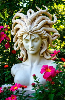 A stunning Medusa statue showcasing strong and intricate features, with flowing hair made of serpents