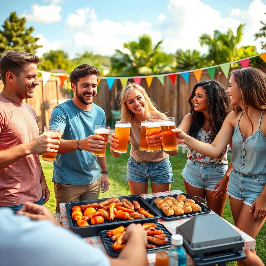 A lively scene of a group of friends enjoying themselves at a backyard barbecue