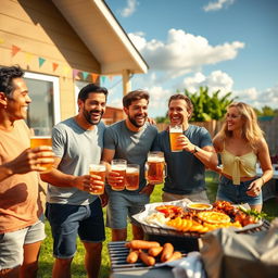 A lively scene of a group of friends enjoying themselves at a backyard barbecue