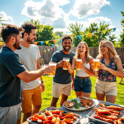 A lively scene of a group of friends enjoying themselves at a backyard barbecue