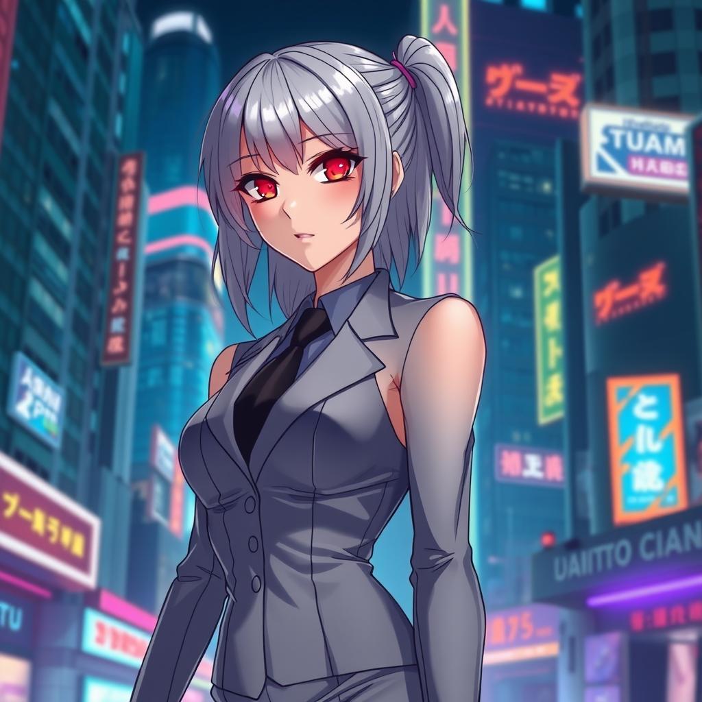 An Asian anime girl with silver hair and striking red glowing eyes, showcasing a toned figure and tall stature