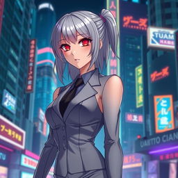 An Asian anime girl with silver hair and striking red glowing eyes, showcasing a toned figure and tall stature