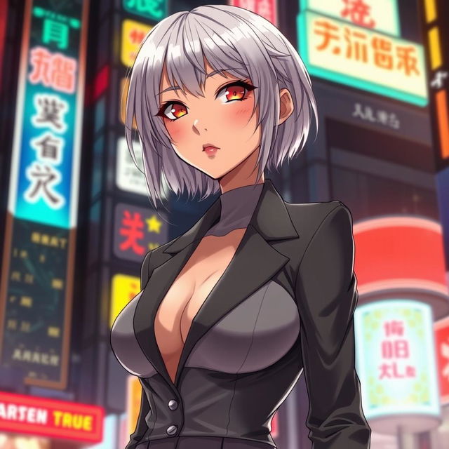 An Asian anime girl with silver hair and striking red glowing eyes, showcasing a toned figure and tall stature