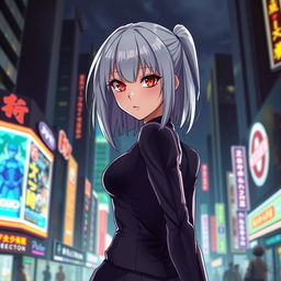 An Asian anime girl with silver hair and striking red glowing eyes, showcasing a toned figure and tall stature