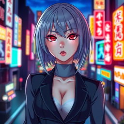 An Asian anime girl with silver hair and striking red glowing eyes, showcasing a toned figure and tall stature