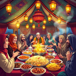 A vibrant and colorful illustration of a traditional Mashkhurda feast, featuring an array of delicious dishes such as pilaf, kebabs, and an assortment of side dishes