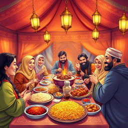 A vibrant and colorful illustration of a traditional Mashkhurda feast, featuring an array of delicious dishes such as pilaf, kebabs, and an assortment of side dishes