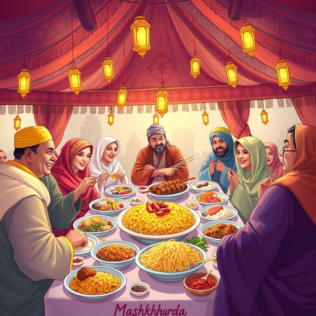 A vibrant and colorful illustration of a traditional Mashkhurda feast, featuring an array of delicious dishes such as pilaf, kebabs, and an assortment of side dishes