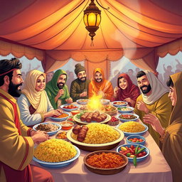 A vibrant and colorful illustration of a traditional Mashkhurda feast, featuring an array of delicious dishes such as pilaf, kebabs, and an assortment of side dishes