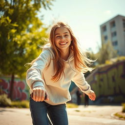 A vibrant and dynamic scene showcasing a young teenage girl in a playful, adventurous setting