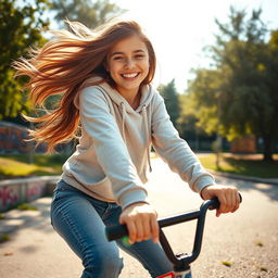 A vibrant and dynamic scene showcasing a young teenage girl in a playful, adventurous setting