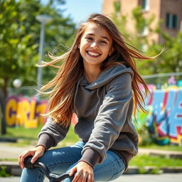 A vibrant and dynamic scene showcasing a young teenage girl in a playful, adventurous setting