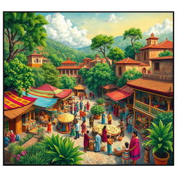 A vibrant and intricate traditional Mashkhurda landscape, showcasing the rich cultural heritage, featuring dynamic hues and patterns typical of Mashkhurda art