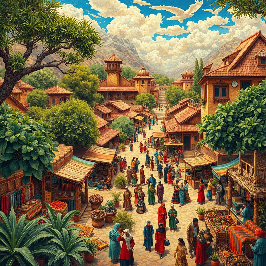 A vibrant and intricate traditional Mashkhurda landscape, showcasing the rich cultural heritage, featuring dynamic hues and patterns typical of Mashkhurda art