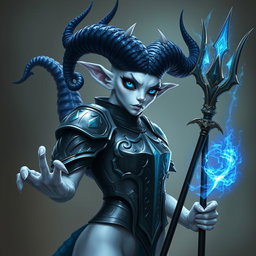 A captivating thifling character depicted with pale white skin and imposing dark blue horns