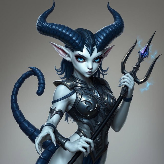 A captivating thifling character depicted with pale white skin and imposing dark blue horns