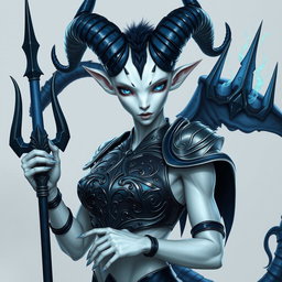 A captivating thifling character depicted with pale white skin and imposing dark blue horns