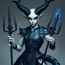 A captivating thifling character depicted with pale white skin and imposing dark blue horns