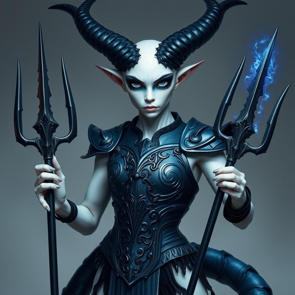A captivating thifling character depicted with pale white skin and imposing dark blue horns