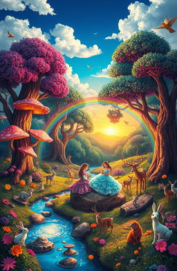 A magical fairytale scene depicting a whimsical forest with vibrant colors