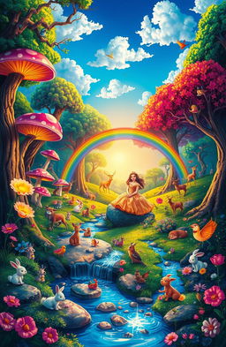 A magical fairytale scene depicting a whimsical forest with vibrant colors
