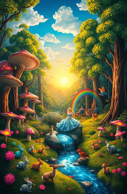 A magical fairytale scene depicting a whimsical forest with vibrant colors