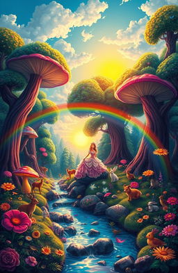 A magical fairytale scene depicting a whimsical forest with vibrant colors