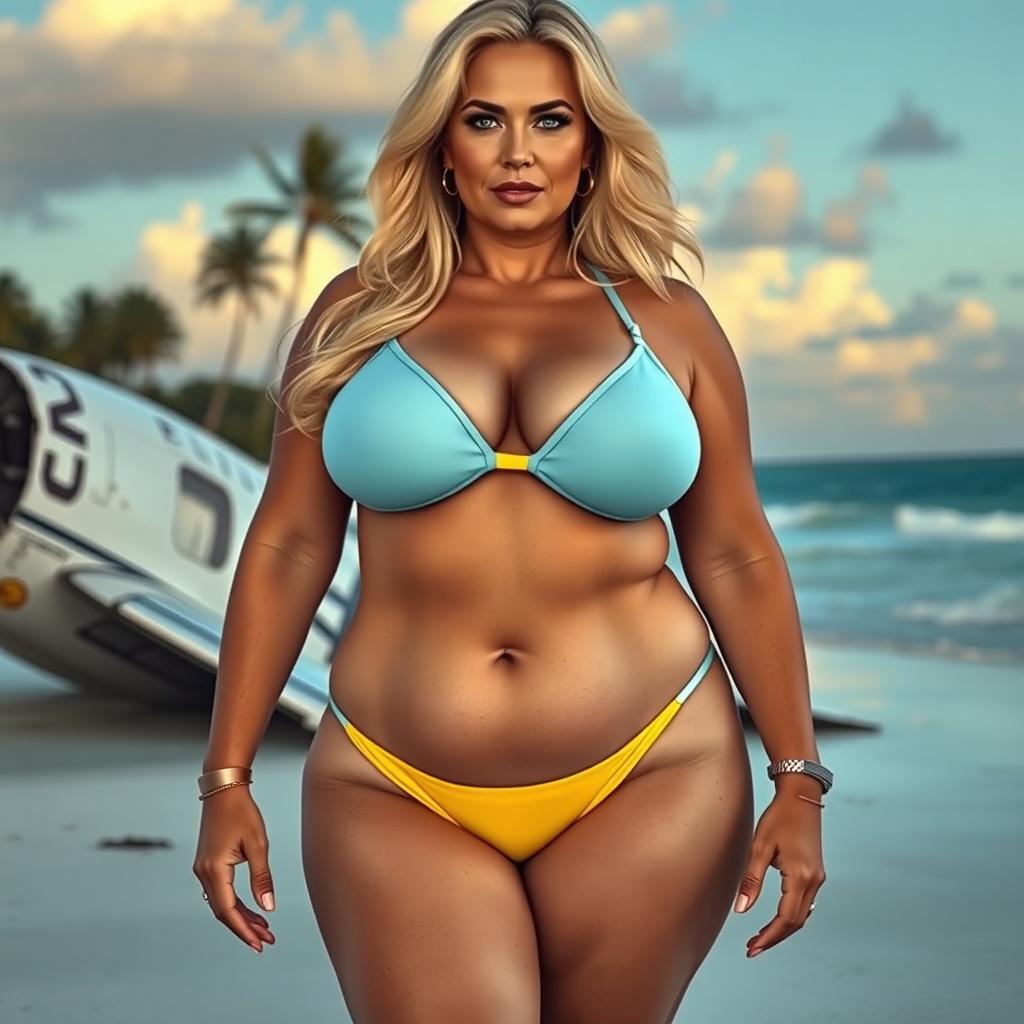 A realistic full-body image of a mature woman, approximately 45 years old, with long blonde hair and striking cyan eyes