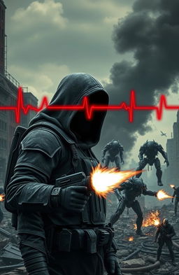 A post-apocalyptic cityscape featuring a lone figure in the foreground wearing hooded dark gray tactical armor with a face shield