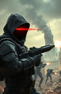 A post-apocalyptic cityscape featuring a lone figure in the foreground wearing hooded dark gray tactical armor with a face shield