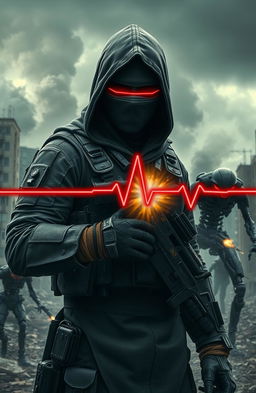 A post-apocalyptic cityscape featuring a lone figure in the foreground wearing hooded dark gray tactical armor with a face shield