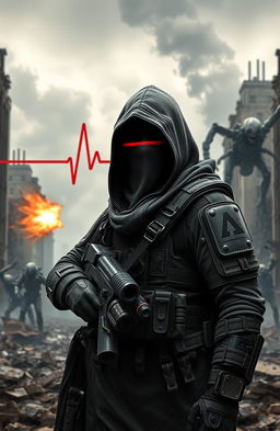 A post-apocalyptic cityscape featuring a lone figure in the foreground wearing hooded dark gray tactical armor with a face shield