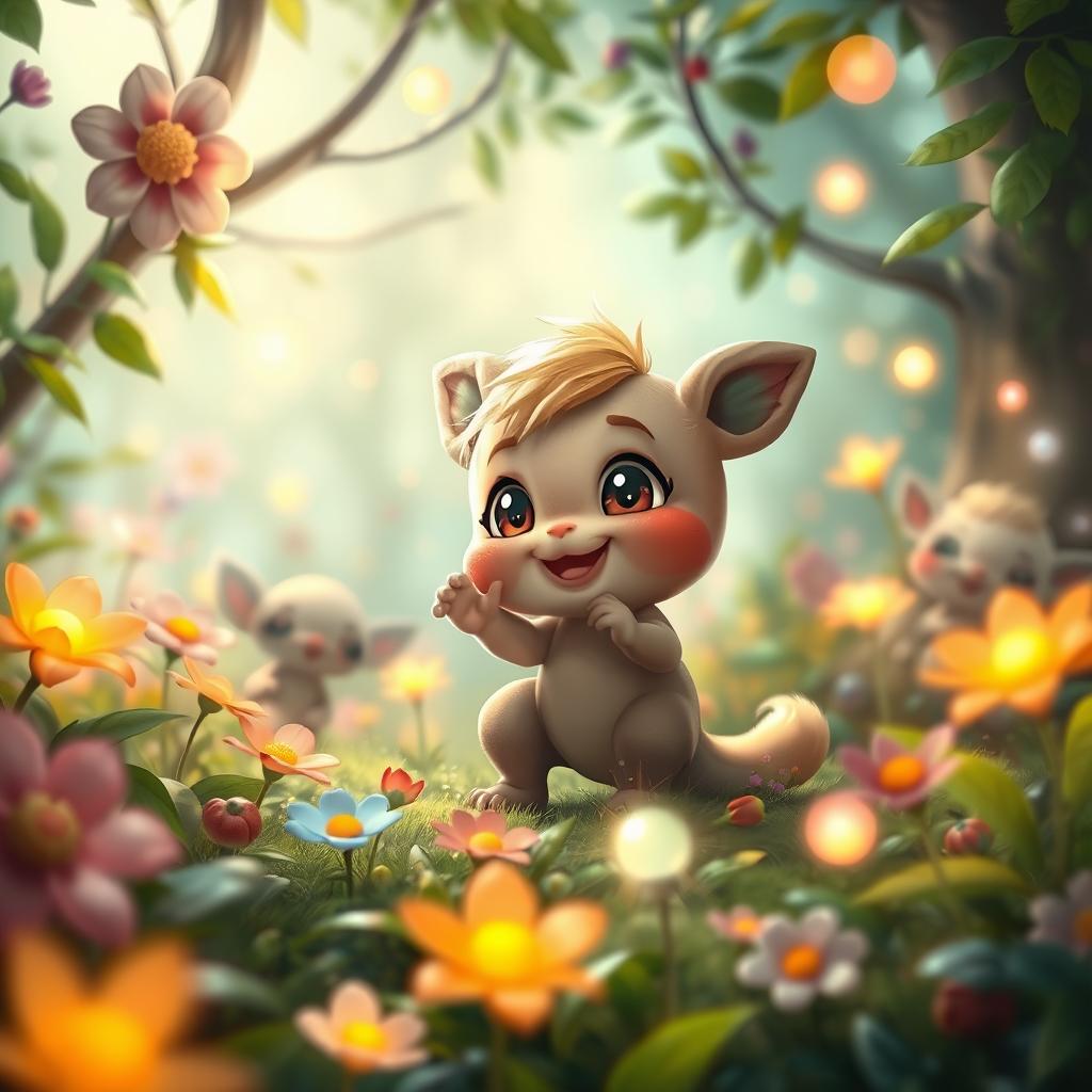 A whimsical and playful scene depicting fantasy creatures in a vibrant, enchanted forest
