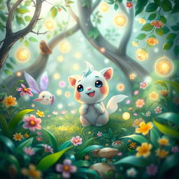 A whimsical and playful scene depicting fantasy creatures in a vibrant, enchanted forest