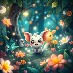 A whimsical and playful scene depicting fantasy creatures in a vibrant, enchanted forest