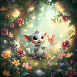 A whimsical and playful scene depicting fantasy creatures in a vibrant, enchanted forest