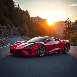A sleek and shiny red sports car parked on a scenic mountain road, with a dramatic sunset in the background, casting warm golden light on the car's surface