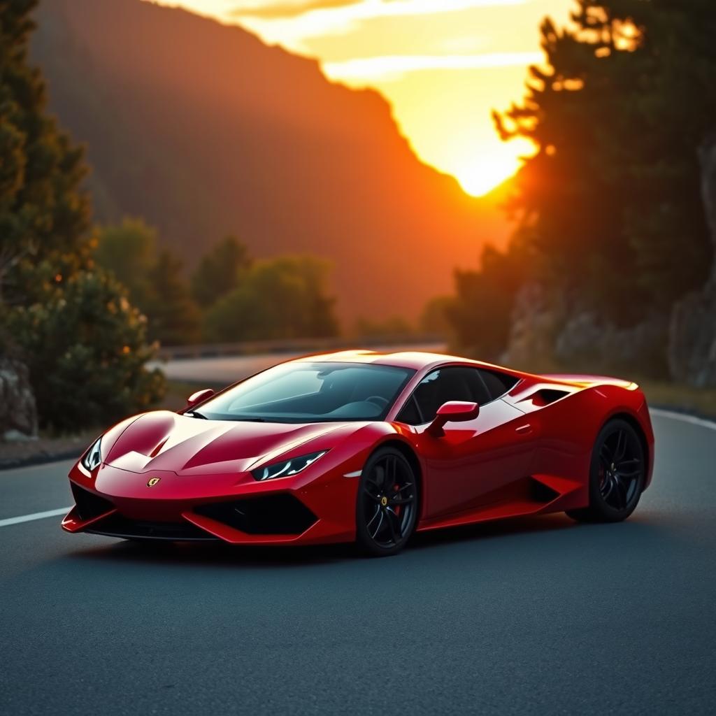 A sleek and shiny red sports car parked on a scenic mountain road, with a dramatic sunset in the background, casting warm golden light on the car's surface