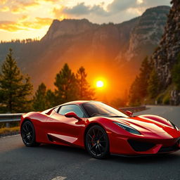 A sleek and shiny red sports car parked on a scenic mountain road, with a dramatic sunset in the background, casting warm golden light on the car's surface