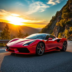 A sleek and shiny red sports car parked on a scenic mountain road, with a dramatic sunset in the background, casting warm golden light on the car's surface