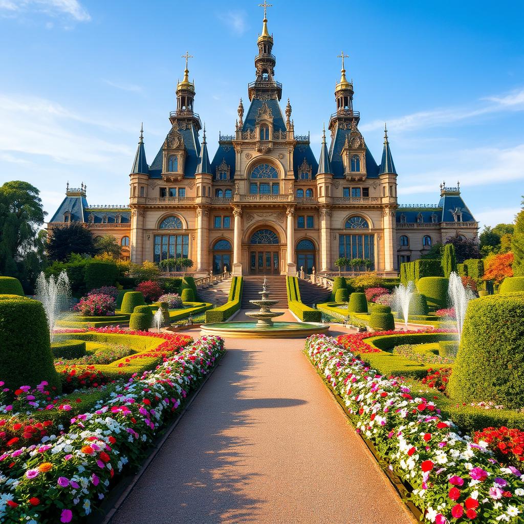 A grand and majestic palace with intricate architectural details, towering spires, and large, arched windows