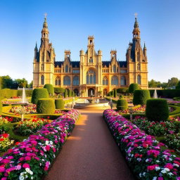 A grand and majestic palace with intricate architectural details, towering spires, and large, arched windows
