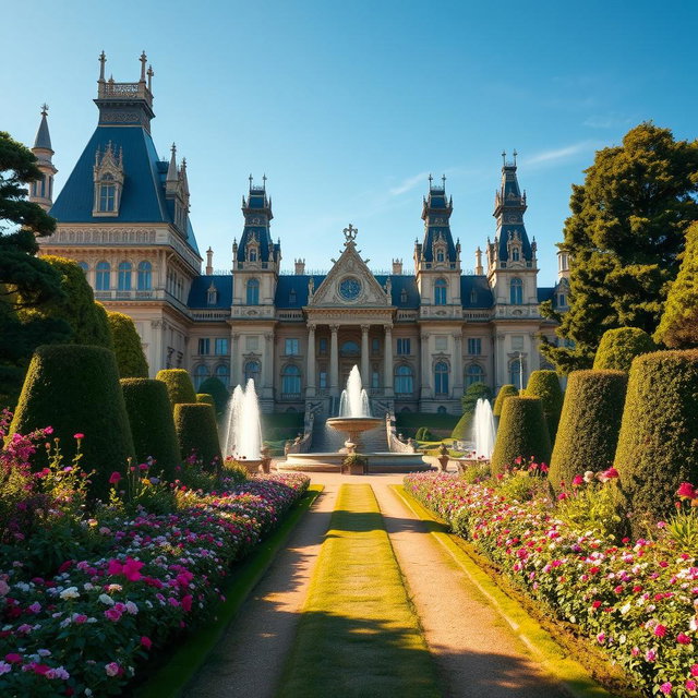 A grand and majestic palace with intricate architectural details, towering spires, and large, arched windows